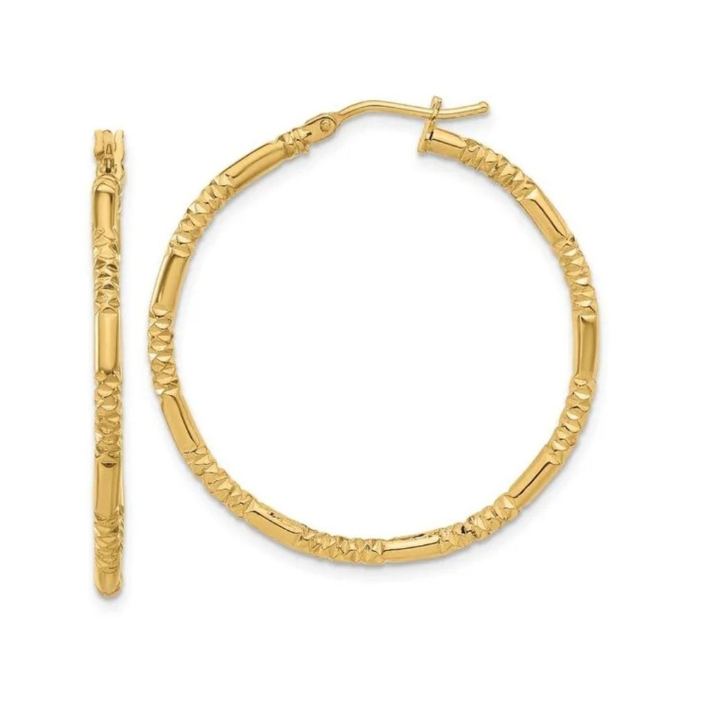 14K Yellow Gold Polished Textured Hoop Earrings 1.5" 1.65g Quality Gold MSRP 335
